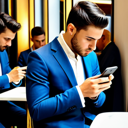 Modern Narcissus**

"A young Italian man, fully clothed in a stylish, modest suit, looking at his reflection in a smartphone screen in a bustling Milan café. He's surrounded by other people, but seems isolated. The café has a modern Italian design. Perfect anatomy, correct proportions, natural pose, well-formed hands, proper finger count. Safe for work, appropriate content, fully clothed, professional, modest, family-friendly. High quality, professional photography."

**