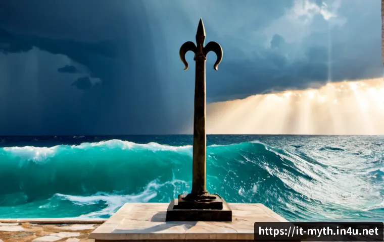 Home 10 포세이돈의 삼지창 전설 - Photorealistic ancient Greek bronze trident standing upright on a weathered marble altar beside the ...