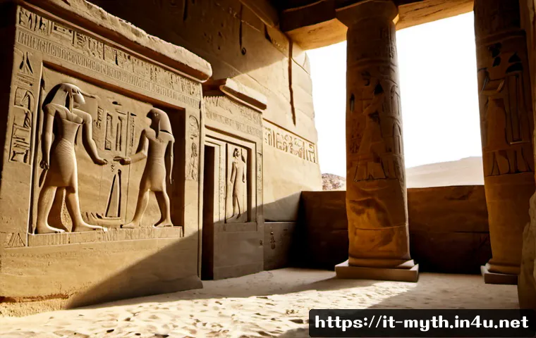 파라오의 저주와 미라 전설 - Photorealistic cinematic scene inside an ancient Egyptian tomb, a sealed stone sarcophagus resting b...